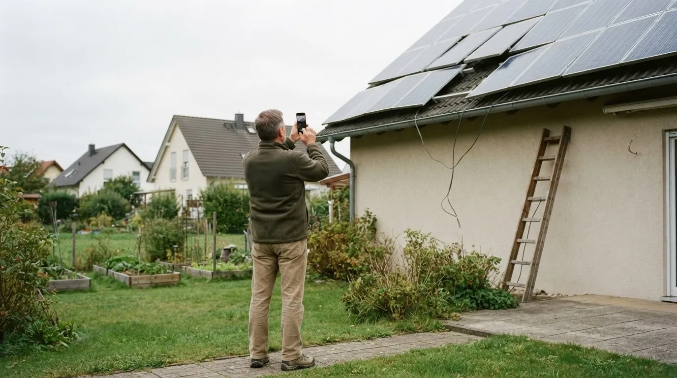 Hausbesitzer fotografiert mit dem Smartphone schief montierte Solarmodule und ein herabhängendes Kabel am Dach.